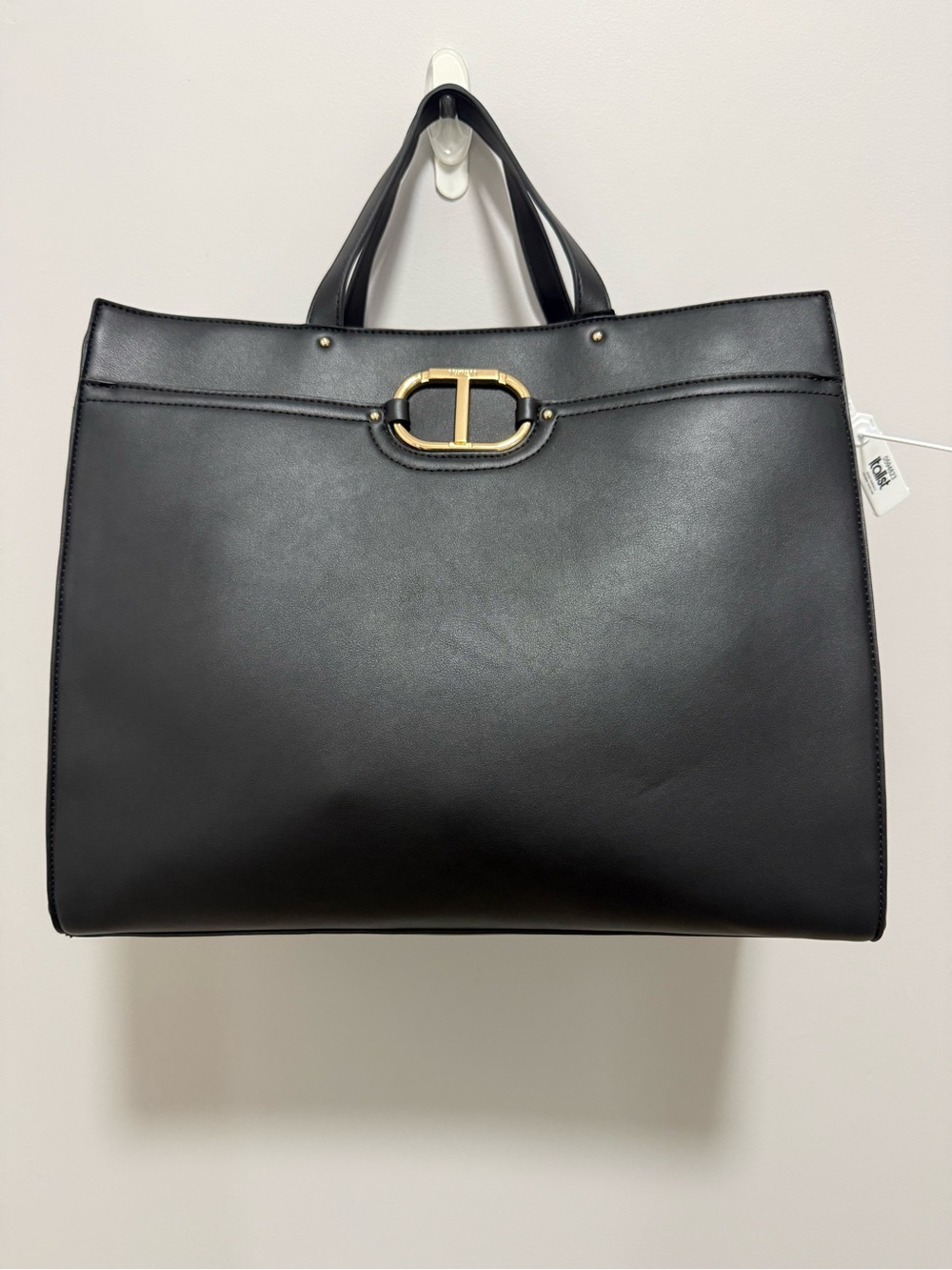 Twin-Set Black Leather Tote with Gold Accent